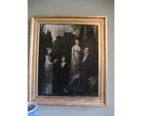 Oil on Board Depicting Victorian Family Portrait in a Wooded Scene 26 Inches Wide x 29 Inches High