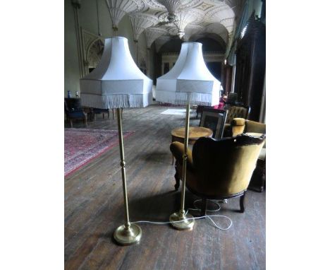 Pair of Vintage Brass Standard Lamps with Elegant White Shades Each 64 Inches High