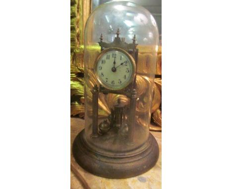 Edwardian Brass Clock with Decorated Enamel Dial Under Dome 14 Inches High Approximately