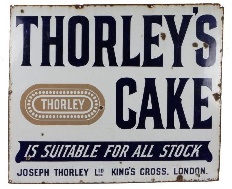 Enamel Advertising sign, the white ground with blue lettering "THORLEY'S CAKE IS SUITABLE FOR ALL STOCK JOSEPH THORLEY LTD KI
