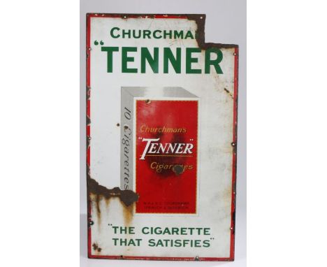 Enamel advertising sign, CHURCHMANS "TENNER", "THE CIGARETTE THAT SATISFIES", 46cm x 76cm