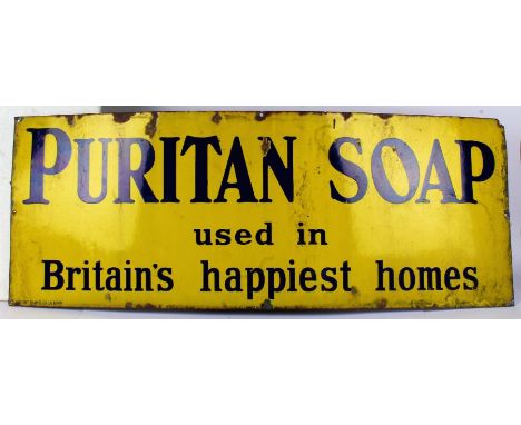 Enamel advertising sign, the yellow ground with blue lettering "PURITAN SOAP used in Britain's happiest homes", 122cm x 46cm