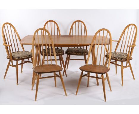 Ercol Quaker pattern blonde elm and beech dining table and six chairs, consisting of dining table raised on square tapering l