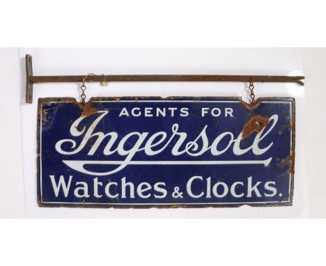 Double sided hanging enamel sign, the blue ground with white lettering,&nbsp; "AGENTS FOR Ingersoll WATCHES AND CLOCKS", 71cm