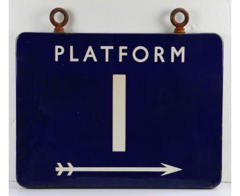 LNER blue enamel double sided platform sign, "PLATFORM 1" above an arrow, with two steel ring hanging loops, stamped to top "