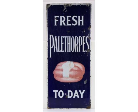 Enamel advertising sign, "FRESH PALETHORPES TO-DAY", with central depiction of sausages, 38cm x 92cm