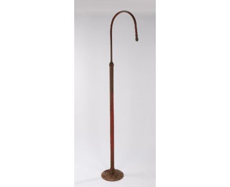 Industrial lamp, the arched top section with bayonet fitting, raised on a red painted stem and circular plinth base, 210cm hi