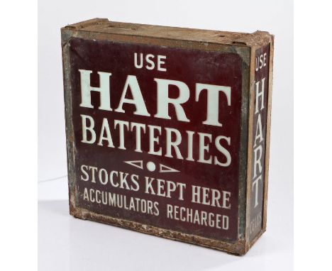 Hart Batteries advertising light box, the glazed front in red with the text USE HART BATTERIES STOCKS KEPT HERE ACCUMULATORS 