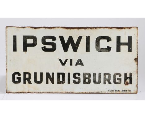 Mid 20th Century enamel sign, Ipswich via Grundisburgh to one side, and Melton via Grundisburgh to the other side, 72cm x 37c