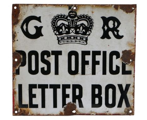 Enamel sign, the white ground with black lettering "GR POST OFFICE LETTER BOX", with central crown, 30.5cm x 28cm