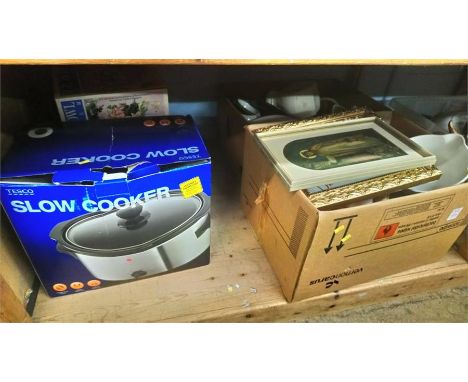 Shelf of assorted including a slow cooker