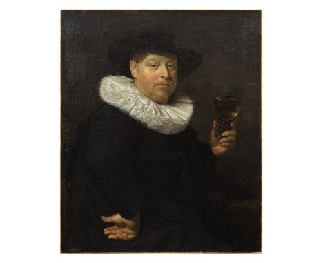 Amsterdam School, 17th CenturyPortrait of a gentleman, half-length, in black, holding a glass oil on canvas90.2 x 74.6cm (35 