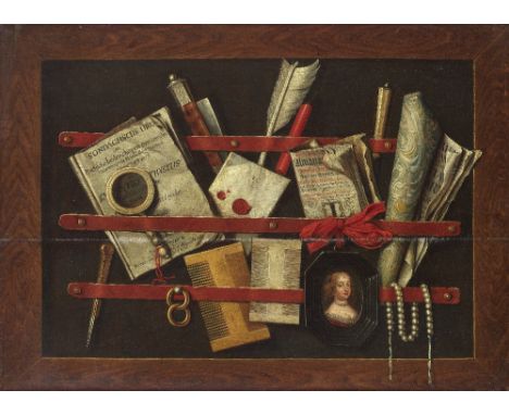 Edward Collier (Breda circa 1640-1708 London)A trompe l'oeil still life of a framed letter rack with a copy of Antony Thysius