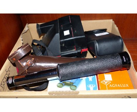 A Polaroid camera; a Ricoh camera; a 40 x 22 telescope in case; photographic accessories; etc.
