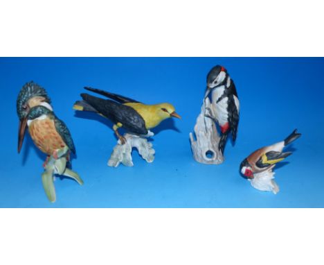 Four Goebel birds:  Kingfisher; Woodpecker; Goldfinch and Golden Oriel