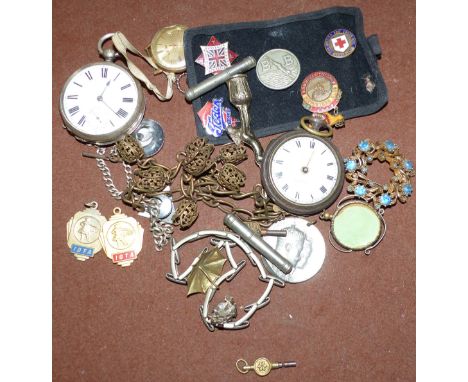 A silver cased pocket watch (hinge a.f.); another; various badges and costume jewellery