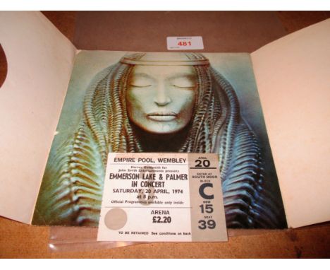 Emerson Lake and Palmer In Concert, Empire Pool Wembley, 20.4.74, ticket stub; Brain Salad Surgery flexi disc