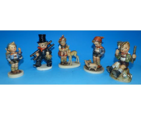 Five Hummel figures:  Chimney sweep; boy and piglets; girl and deer; Tyrolean boy (a.f.) & boy and umbrella
