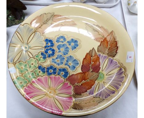 A large 19th century Grays pottery wall plaque, hand painted decoration of leaves and flowers, diameter 15½"