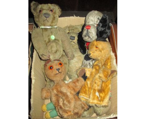 Two early 20th century teddy bears with glass eyes; 2 Sooty & Sweep glove puppets; etc.