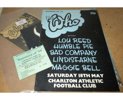 The Who' Summer of '74 ticket stub and programme and other Who material including Rainbow Theatre opening concert programme N
