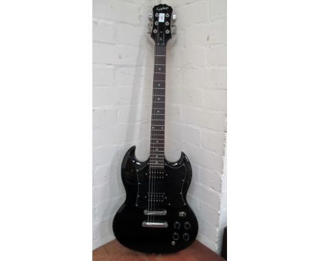 An Epiphone SG  by Gibson, in black with case and strap; etc.