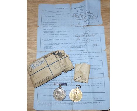 A WWI pair of medals to Sgt Charles H Coleby, (13th) Worcester Reg. with original copy of attestation