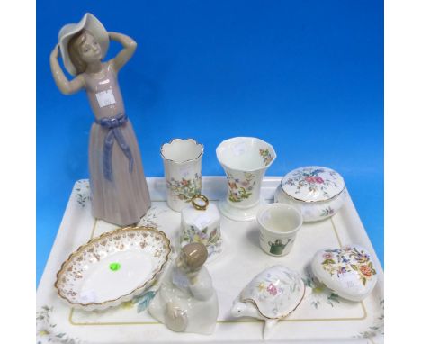 A Lladro figure of a girl; a Nao angel; 9 pieces of miniature china