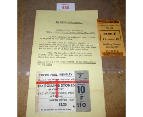 The Rolling Stones In Concert, Empire Pool Wembley, 7. 9. 73 ticket stub, with letter from promoters, and a European tour tic