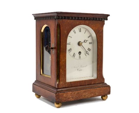 Early 19th century English mantel clock with silvered dial signed Archibald Haswell, London, single fusée movement in rosewoo