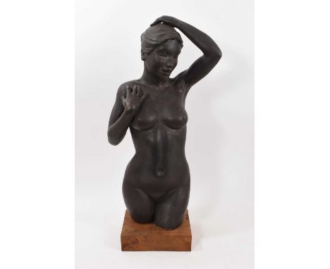 Max Butcher, contemporary bronzed ceramic standing female figure, raised on wooden plinth, total height 66cm, with original i