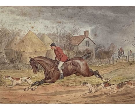 Four sporting watercolours - pair of Hunting scenes, 21cm x 28cm and four portraits of race horses, framed as a pair, 10.5cm 