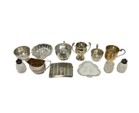Selection of miscellaneous silver, including butter shell, cigarette case, cup, sugar and cream jugs, beaker and silver toppe