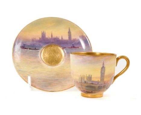 Royal Worcester coffee cup and saucer, painted with London views painted by Harry Davis, date code for 1926, the saucer 10cm 