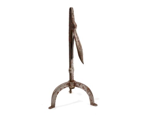 Rare Victorian brass inlaid steel table rushnip, inlaid with V. R. cypher and crown, on tripod supports, 23cm high. Provenanc