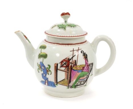 A Worcester teapot, circa 1768, polychrome painted in the Chinese style with the Lady at the Loom pattern, depicting a lady w