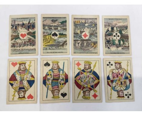 Deck of 32 Belgian Bongout pattern playing cards, with Crimean War scenes to the aces, circa 1890. IPCS pattern sheet 78.Prov