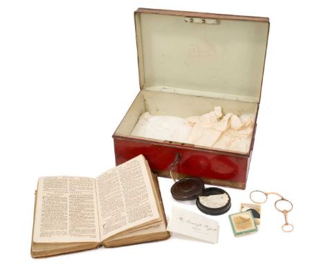 Regency red toleware jewellery box, decorated with gilt foliage, housing various antiques including 18th century prayer book,