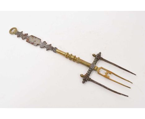 Early 19th century wrought iron and brass toasting fork, with brass hanging loop and inlaid in brass with the initials 'WD', 
