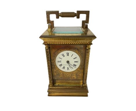 Late 20th century carriage clock by Charles Frodsham, London, with twin fusée movement striking on a bell, circular white ena