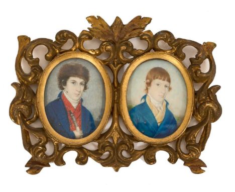 Anglo-Indian Colonial interest: Early 19th century double portrait on ivory depicting two gentlemen, inscribed verso and name