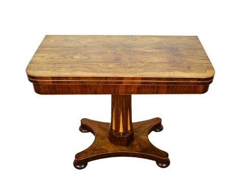 Good quality Regency rosewood and inlaid card table, of D-shaped form with reservoir below, raised on facetted column and sha