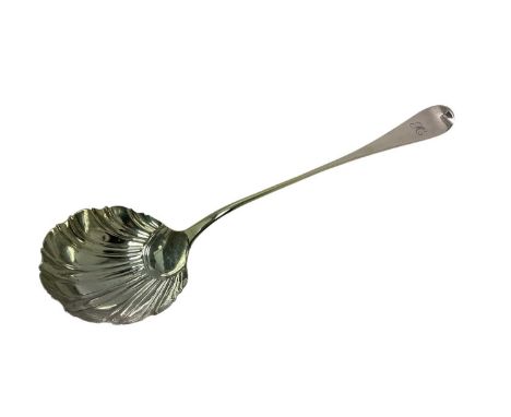 George III silver Old English pattern soup ladle, with shell bowl and engraved initials (London 1762) George Baskerville. All