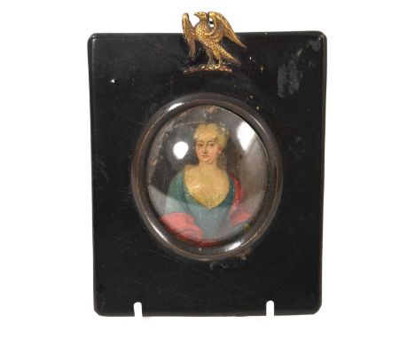 18th century miniature portrait on copper, depicting a woman with blue dress and red shawl, oval 7 x 6cm, in rectangular papi