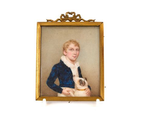 Charming 19th century portrait miniature on ivory of a boy and his dog, 8 x 7cm, the subject titled to the frame 'John, 13th 