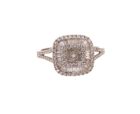 Diamond cluster ring with a rounded-square panel set with brilliant cut, baguette cut and tapered baguette cut diamonds and f