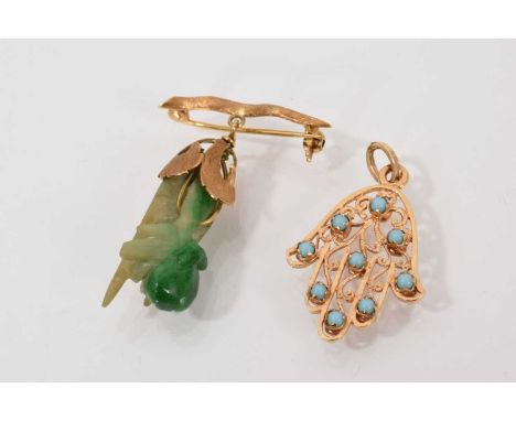 Antique carved jade and 18ct gold mounted pendant in the form of a hand holding fruit, together with a gold Hasma hand set wi