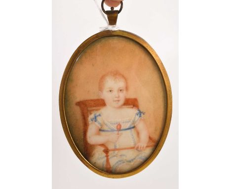 George III miniature portrait on ivory of an infant, named to the frame as Mountstuart Elphinstone, depicted in a high chair,