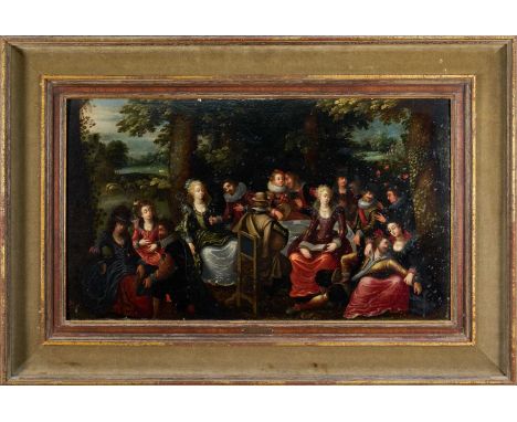 Attributed to Louis de Caullery (c.1580-1621) oil on panel - A Garden Party, 34cm x 58cm, framedPlease see further images now