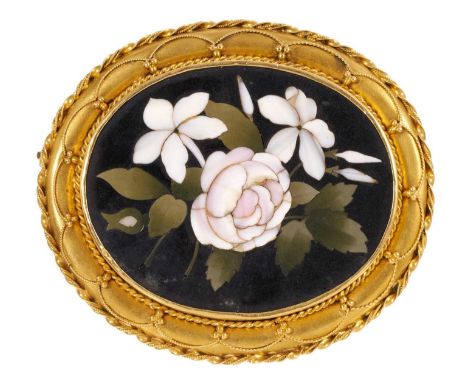 Good quality 19th century pietra dura plaque brooch, the oval panel with floral spray, in gold mount with applied filigree de